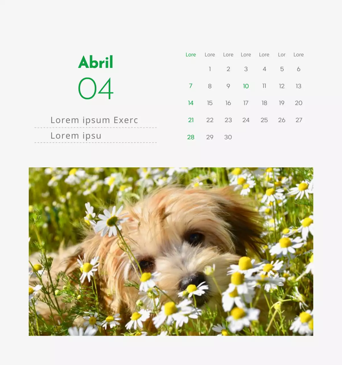 Un calendario con la imagen de un cachorro y un bonito mensaje en tonos verdes.