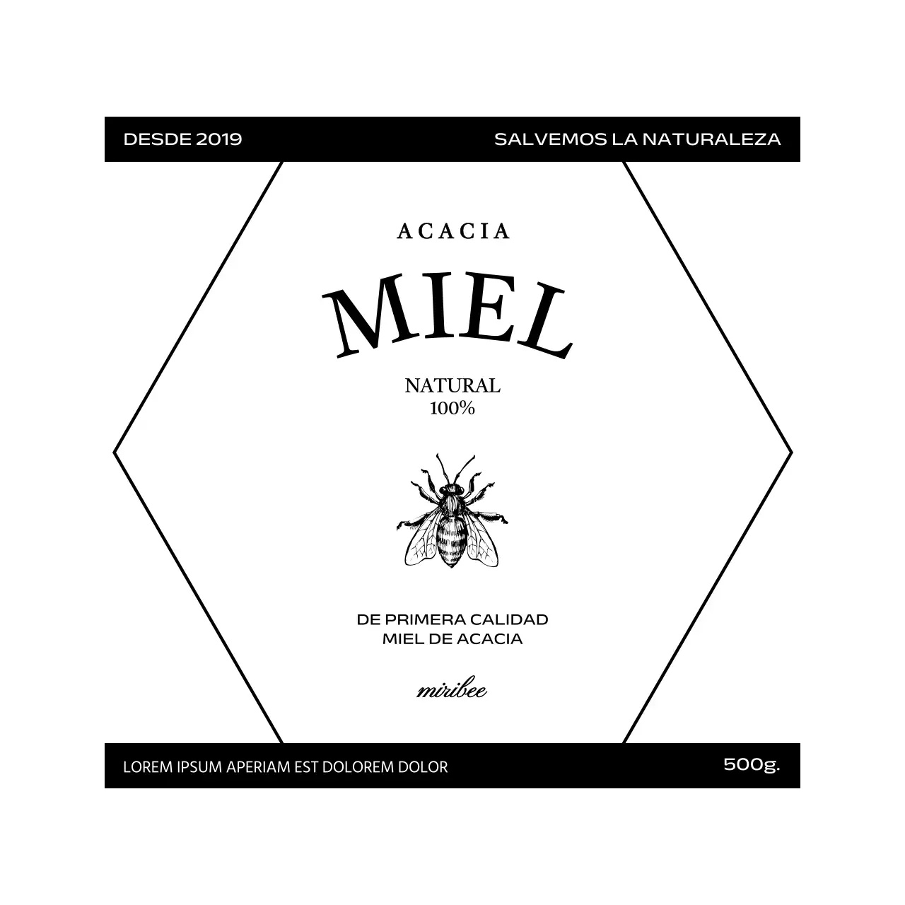 Sencilla etiqueta vintage de miel con ilustración de abeja en blanco y negro