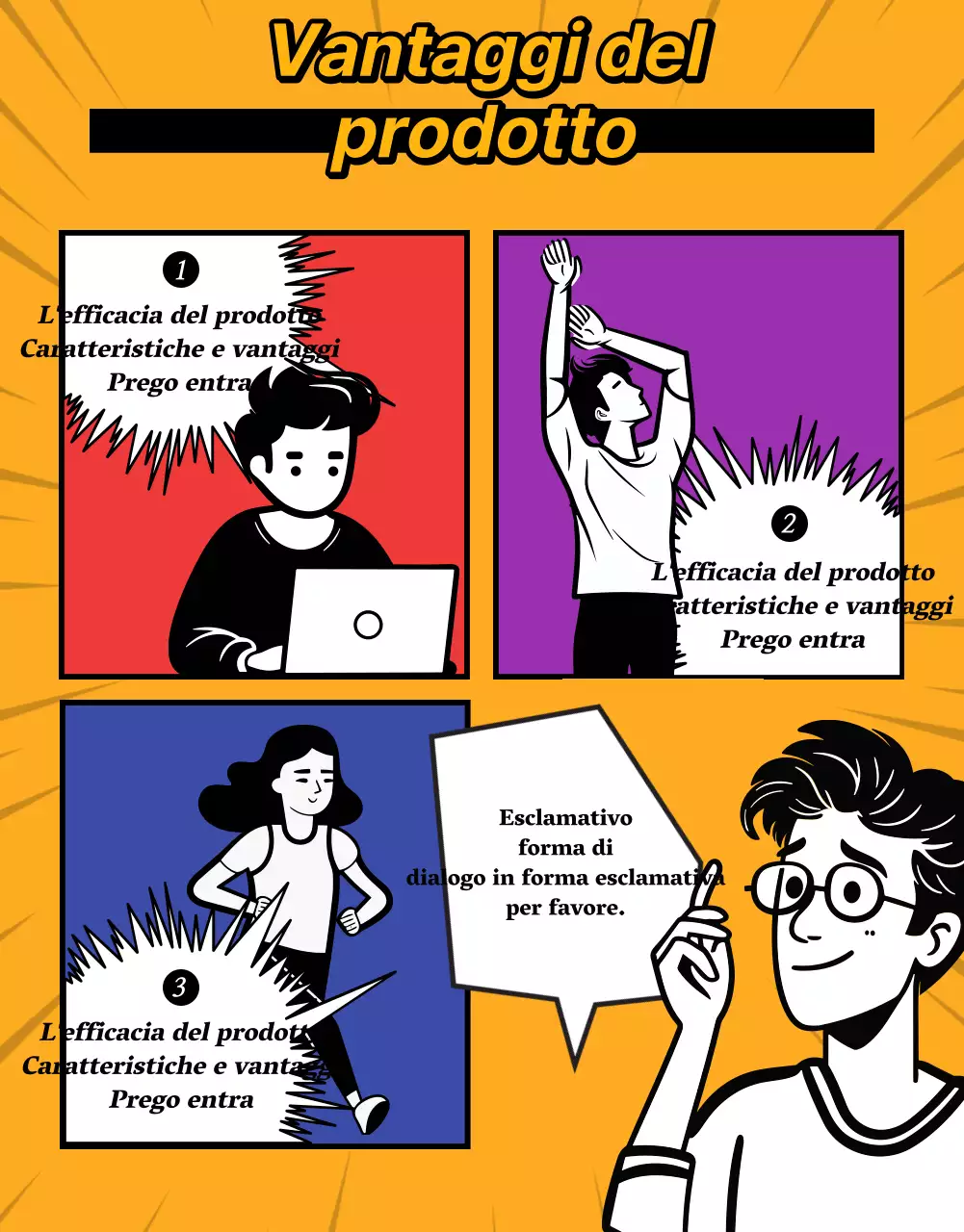 Una presentazione di prodotto da cartone animato retrò con i colori rosso e arcobaleno