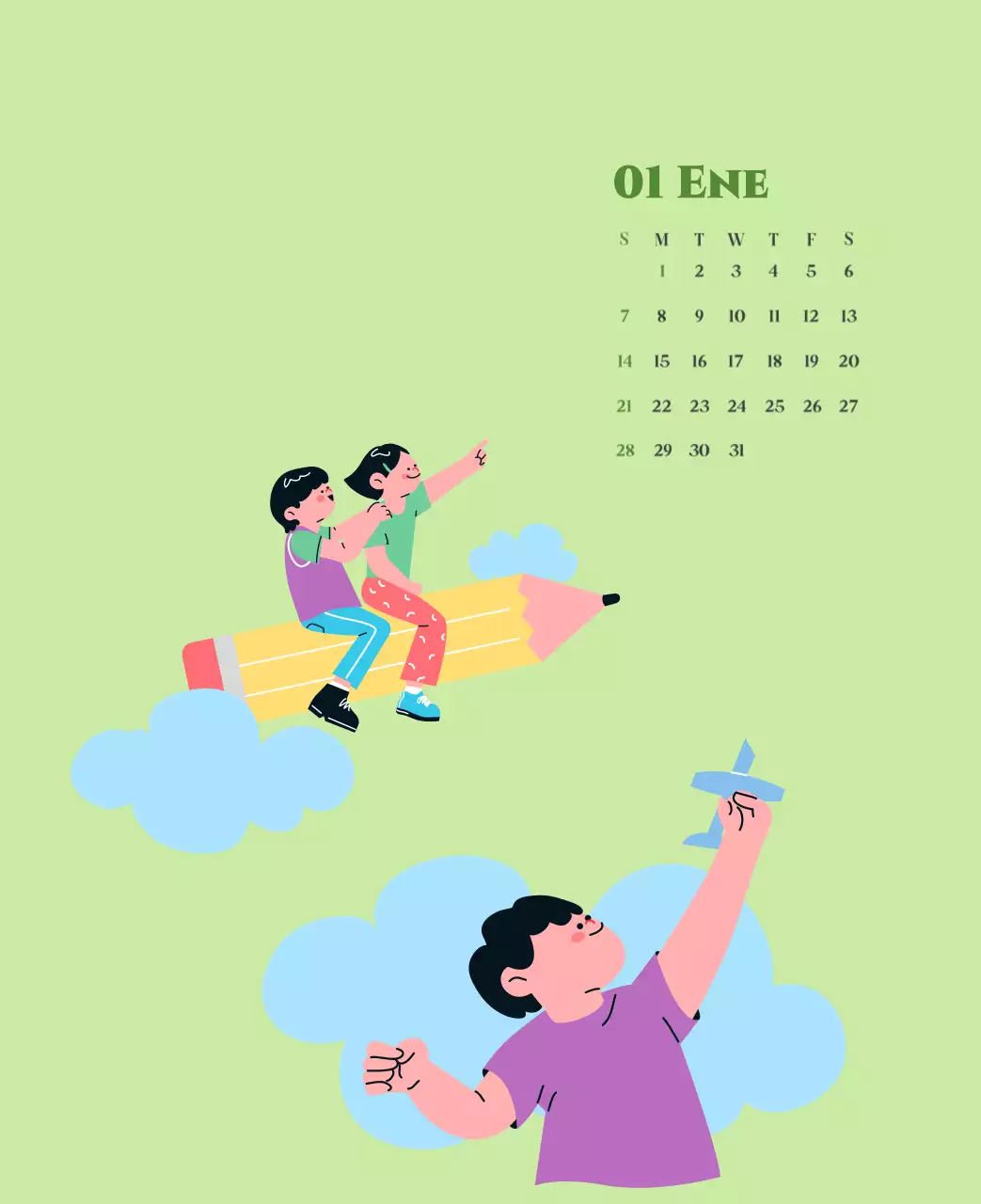 Calendario con ilustraciones juveniles sobre fondo amarillo y verde