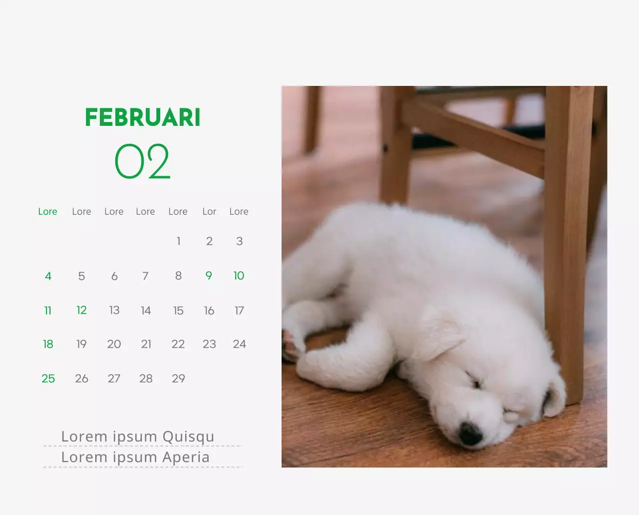 Een kalender met een afbeelding van een puppy en een schattige boodschap in groene accenten