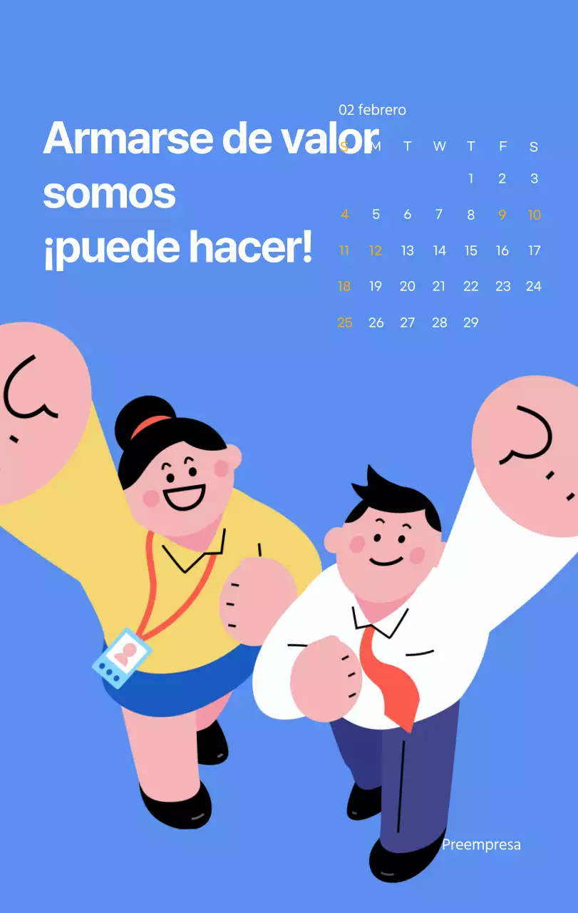 Calendario motivacional con ilustraciones llenas de energía y citas positivas sobre fondo azul claro
