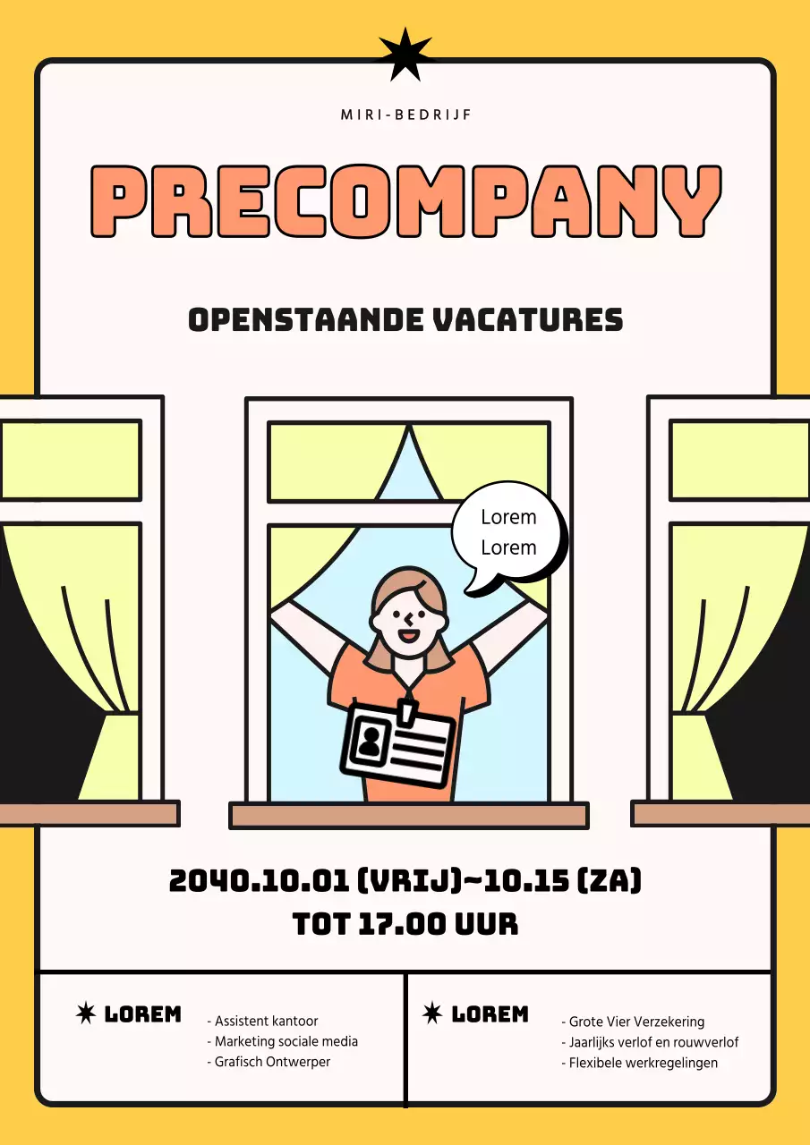 Jobadvertentie met een eenvoudig geel geïllustreerd karakter