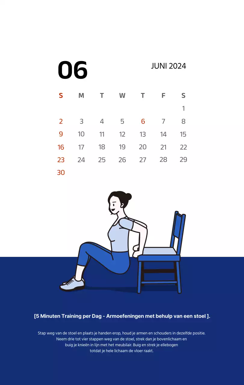 Eenvoudige kalender met strakke illustraties in blauw