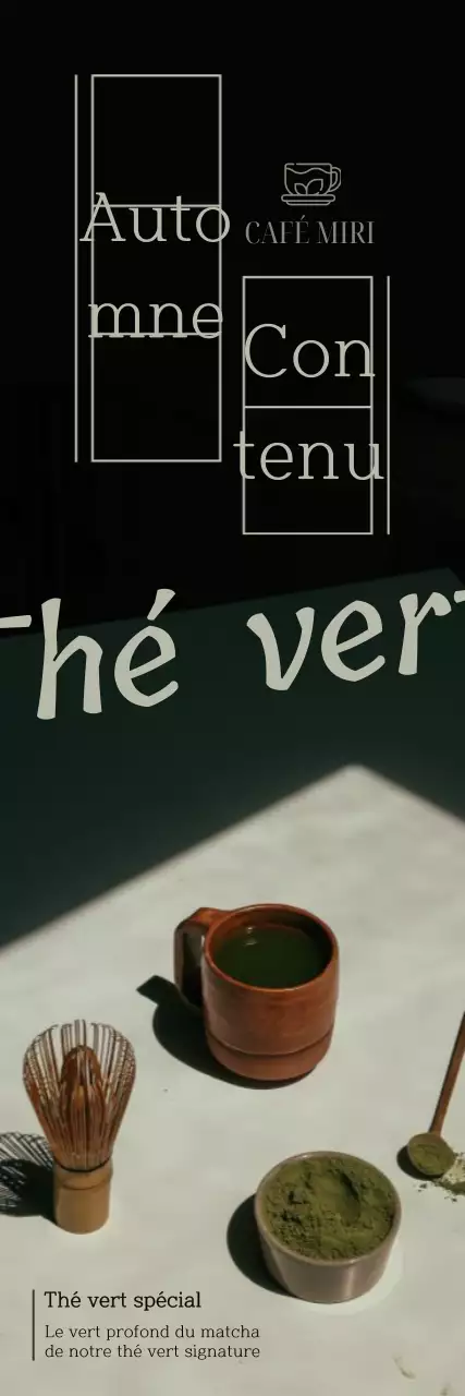 Le menu du thé vert de Cafe Green Tea se caractérise par une mise en page épurée et des accents émotionnels en cursive anglaise et en papier manuscrit.