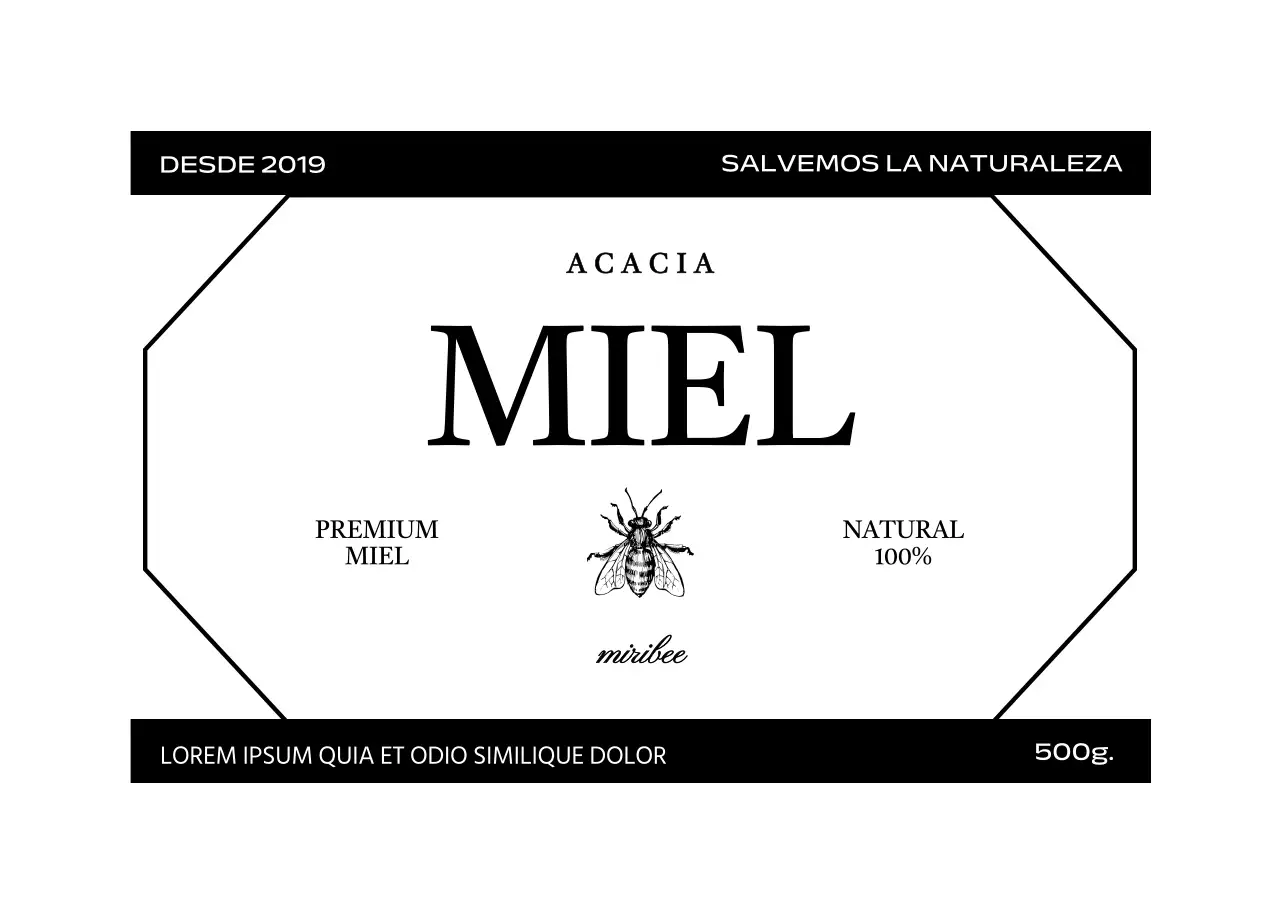 Sencilla etiqueta vintage de miel con ilustración de abeja en blanco y negro