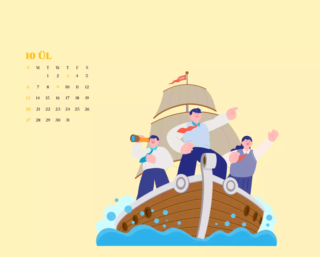 Kalender mit Jugendillustrationen auf gelbem und grünem Hintergrund