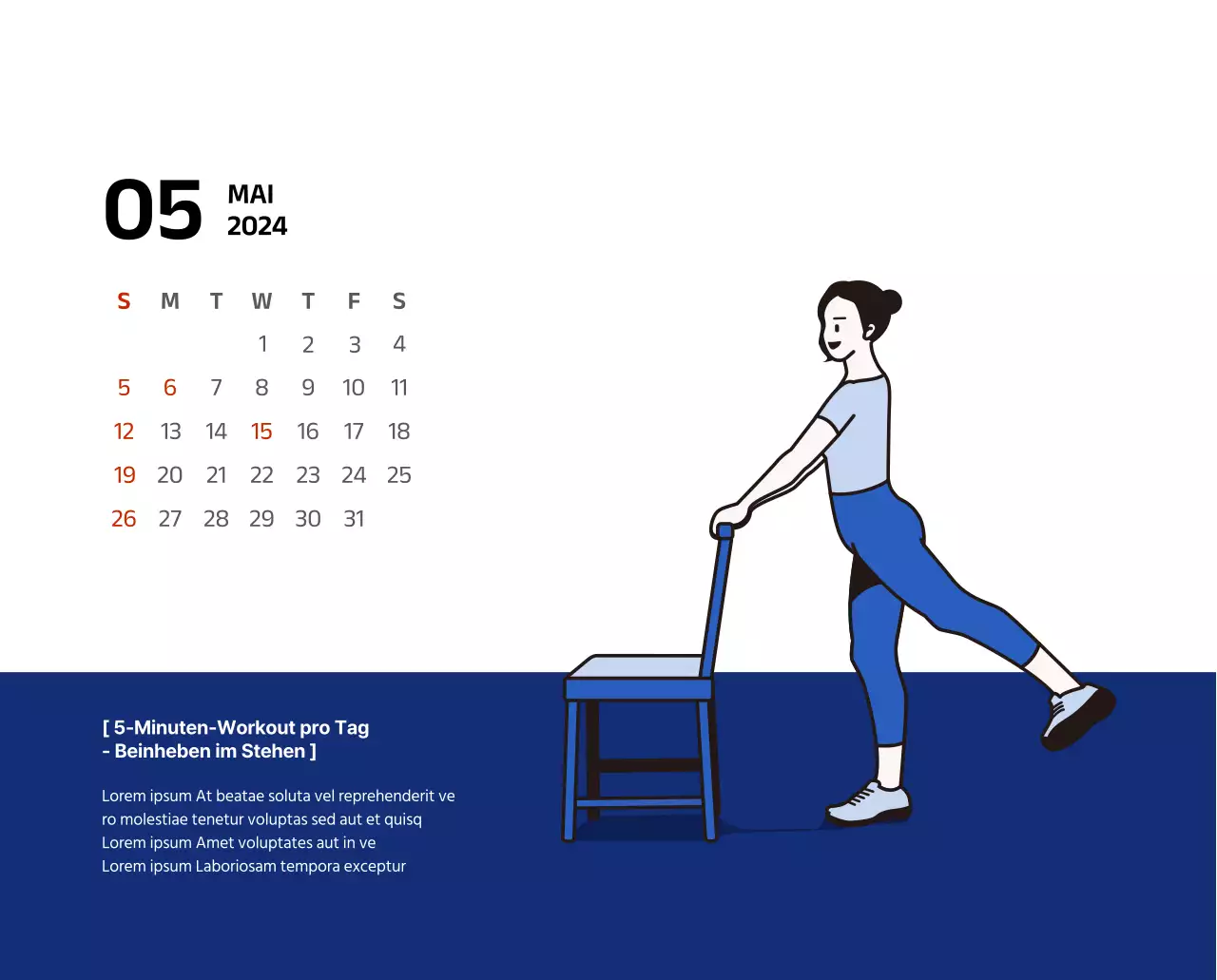 Einfacher Kalender mit klaren Illustrationen in Blau