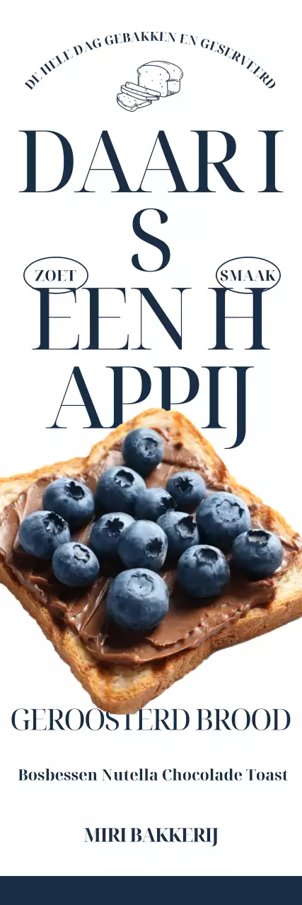 Cafe bakkerij menu met fotorealistische afbeeldingen van bosbessentoast brood en trendy, vetgedrukte Engelse tekst.