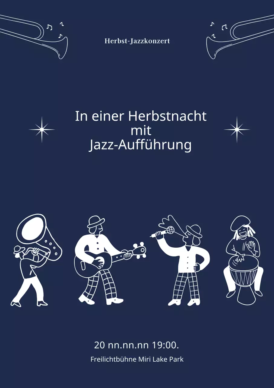 Jazz-Plakat mit Abbildungen von spielenden und singenden Personen.