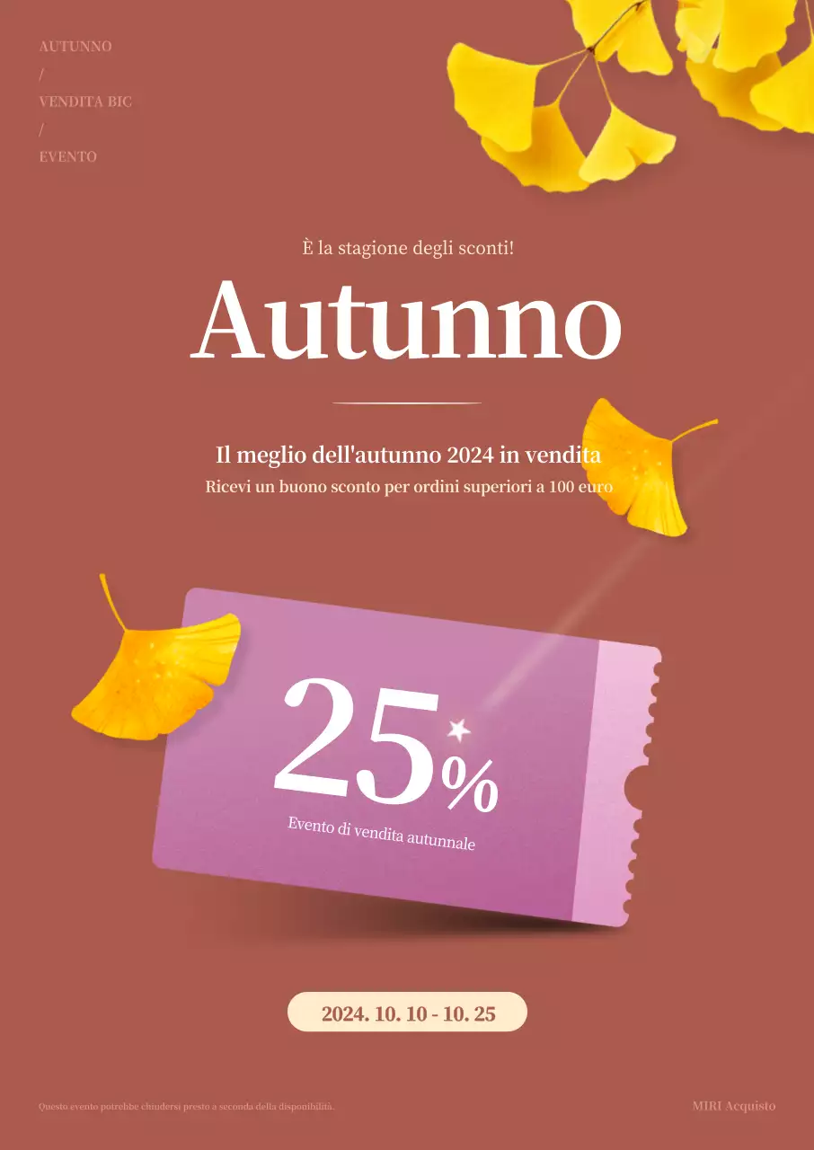Evento di vendita autunnale con foglie di ginkgo su sfondo marrone chiaro