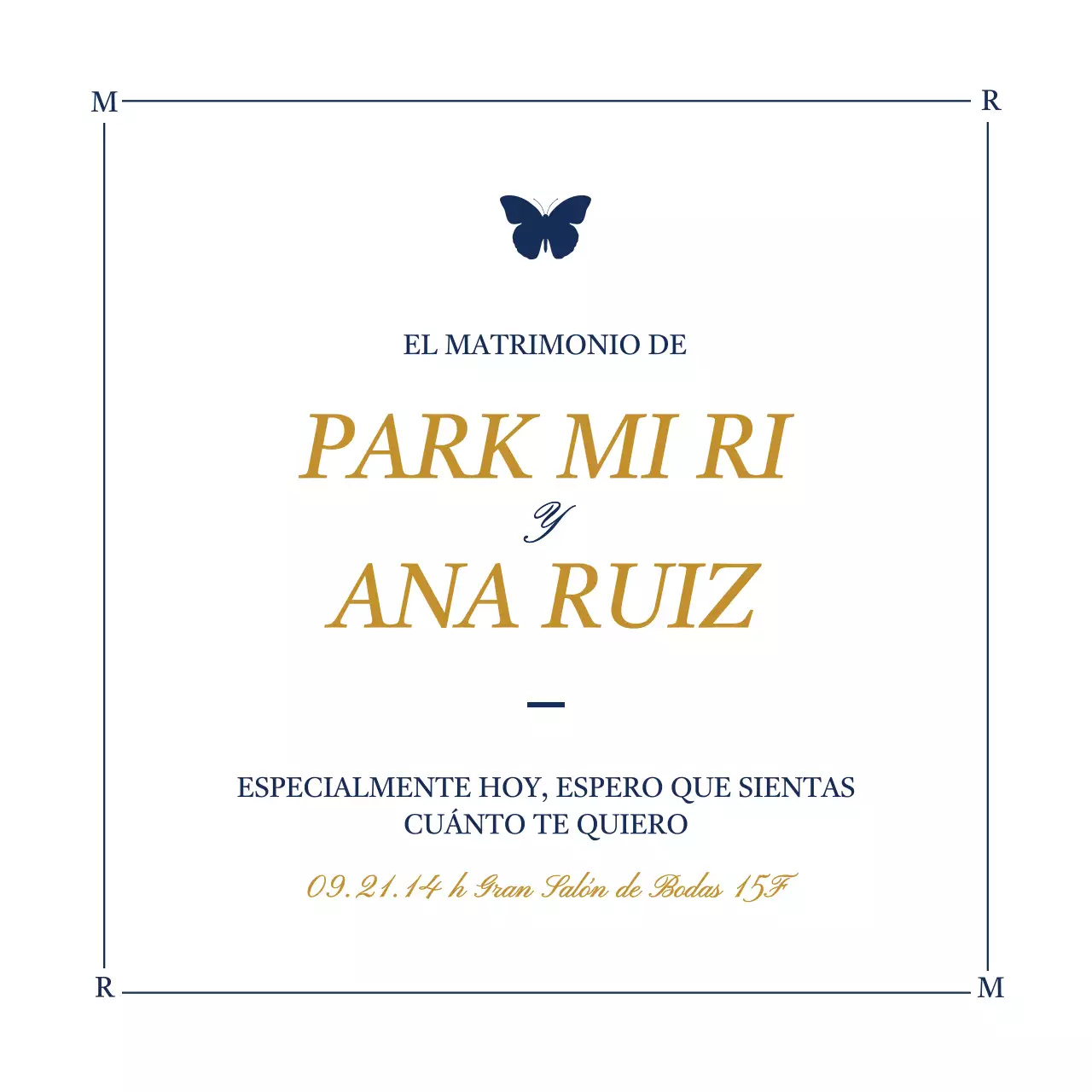 Invitación de boda de diseño lujoso con ilustraciones de mariposas en blanco y azul marino