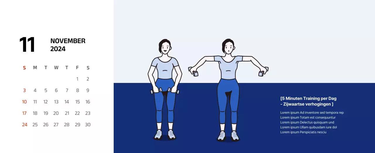 Eenvoudige kalender met strakke illustraties in blauw
