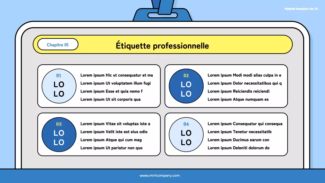 Un joli jeu de formation pour les nouveaux embauchés en bleu clair et noir