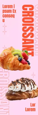 Un menu de boulangerie de café avec des images photoréalistes de croissants, des mises en page de texte audacieuses et des graphiques géométriques.