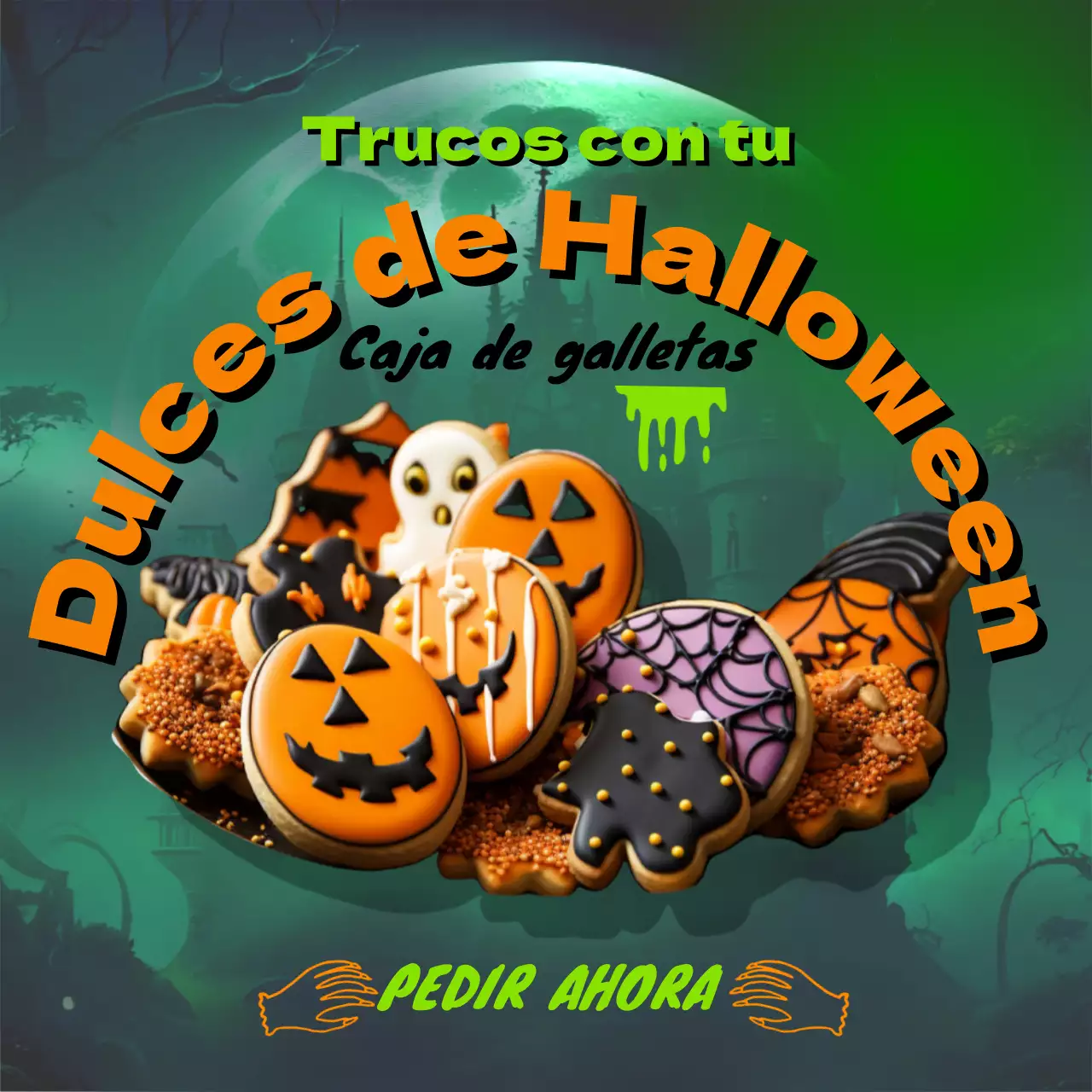 Anuncio de galletas de Halloween de SF en verde y naranja
