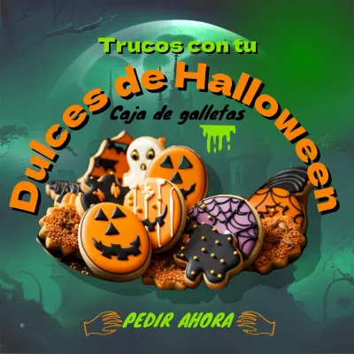 Anuncio de galletas de Halloween de SF en verde y naranja