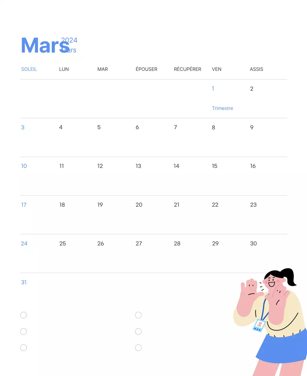Calendrier de motivation avec des illustrations énergiques et des citations positives sur un fond bleu clair