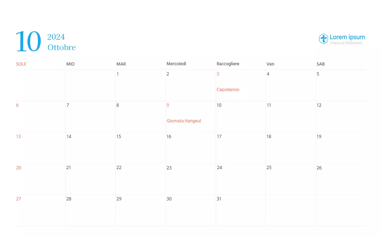 Calendario ecclesiastico blu di concezione moderna