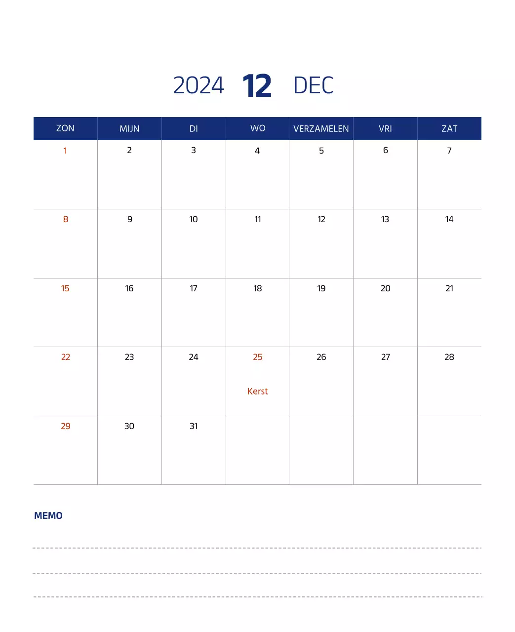 Eenvoudige kalender met strakke illustraties in blauw