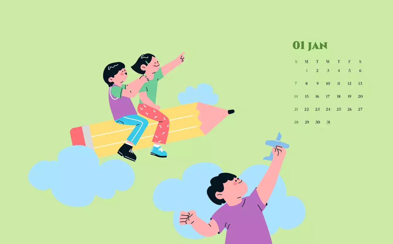 Kalender mit Jugendillustrationen auf gelbem und grünem Hintergrund
