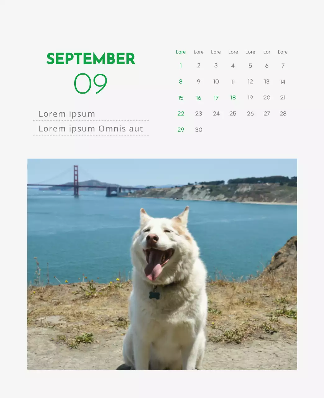 Een kalender met een afbeelding van een puppy en een schattige boodschap in groene accenten