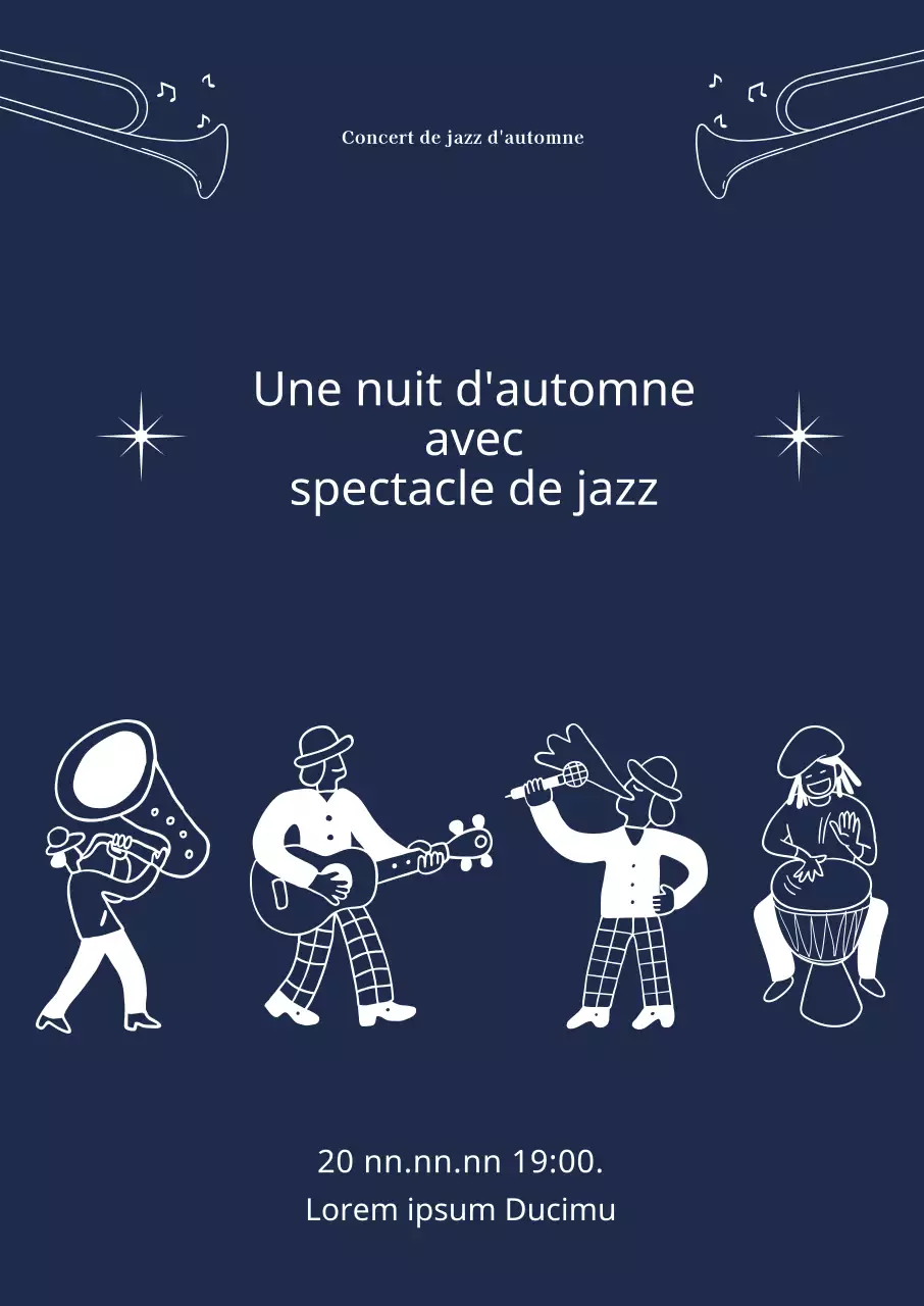 Affiche d'un spectacle de jazz avec des illustrations de personnes jouant et chantant.