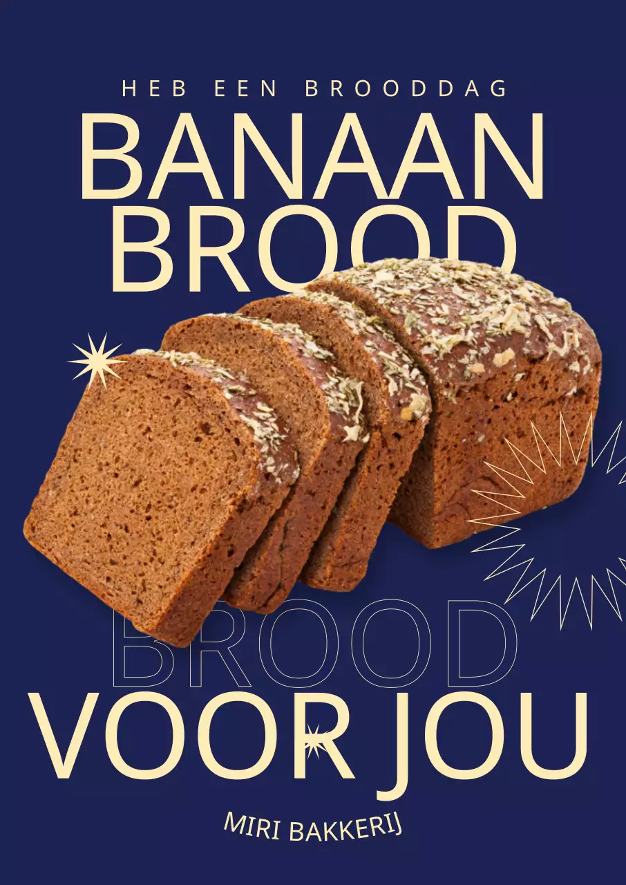 Een café-bakkerijmenu met fotorealistische afbeeldingen van bananenbrood en gedurfde tekstlay-outs en geometrische afbeeldingen.