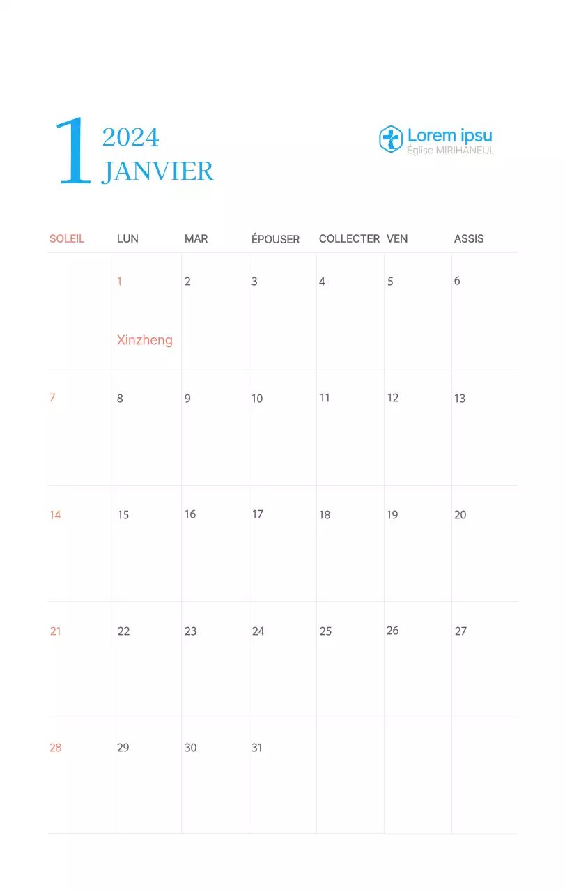 Calendrier d'église moderne bleu