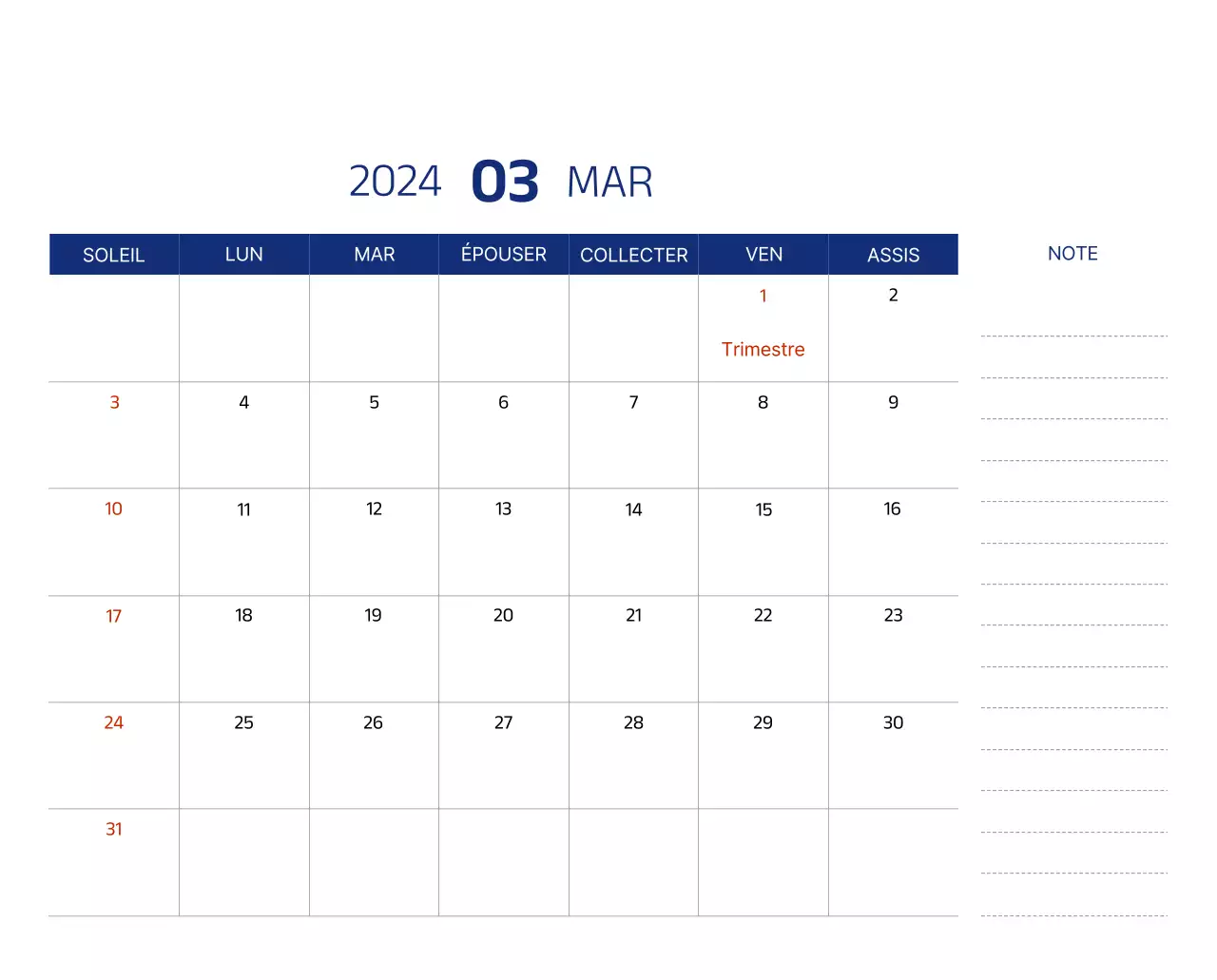 Calendrier simple avec des illustrations épurées en bleu