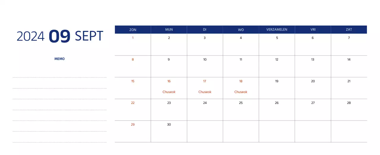 Eenvoudige kalender met strakke illustraties in blauw