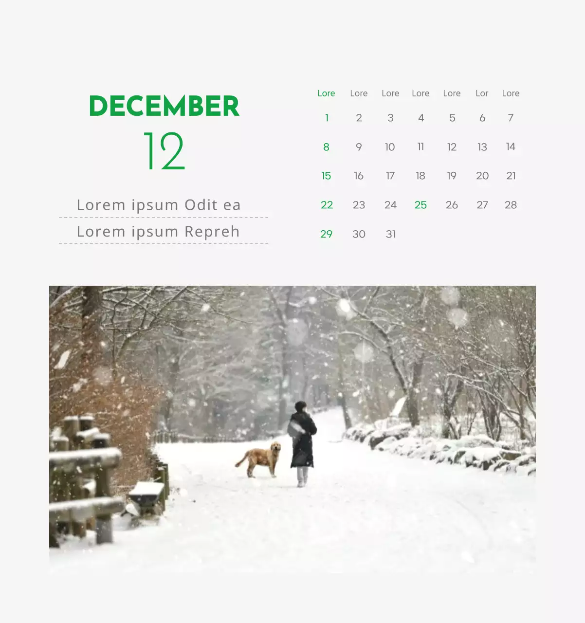 Een kalender met een afbeelding van een puppy en een schattige boodschap in groene accenten