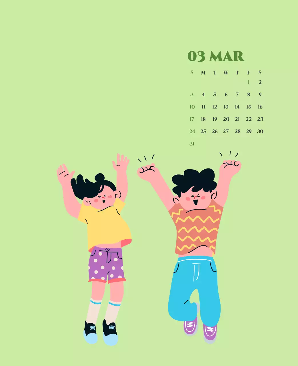 Calendario con ilustraciones juveniles sobre fondo amarillo y verde