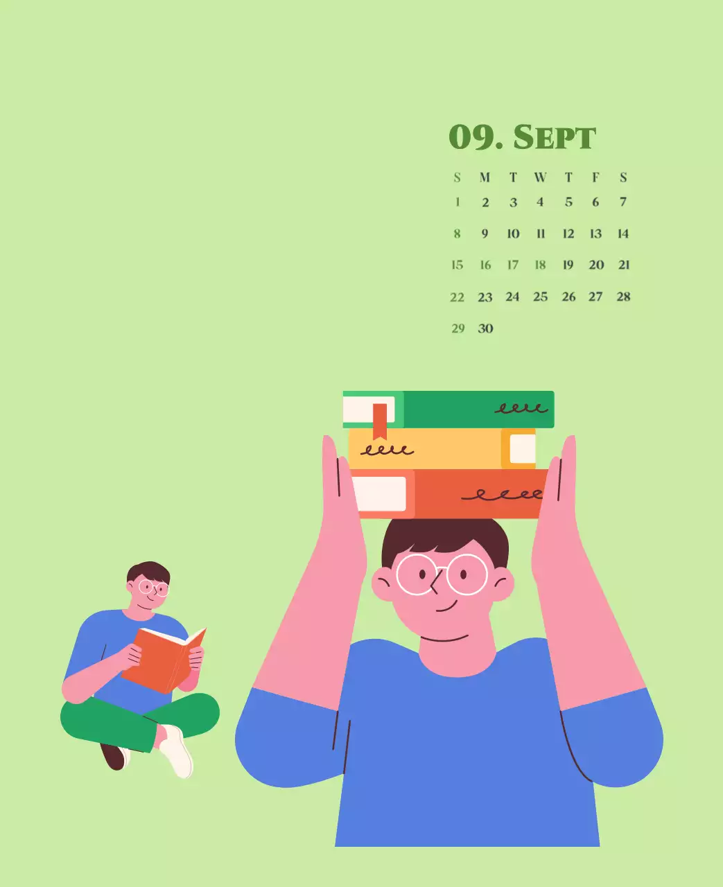 Kalender mit Jugendillustrationen auf gelbem und grünem Hintergrund