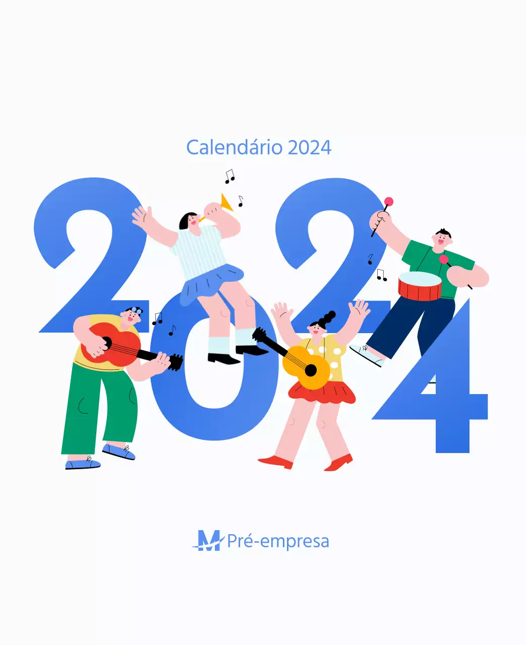 Calendário motivacional com ilustrações energéticas e citações positivas sobre um fundo azul claro