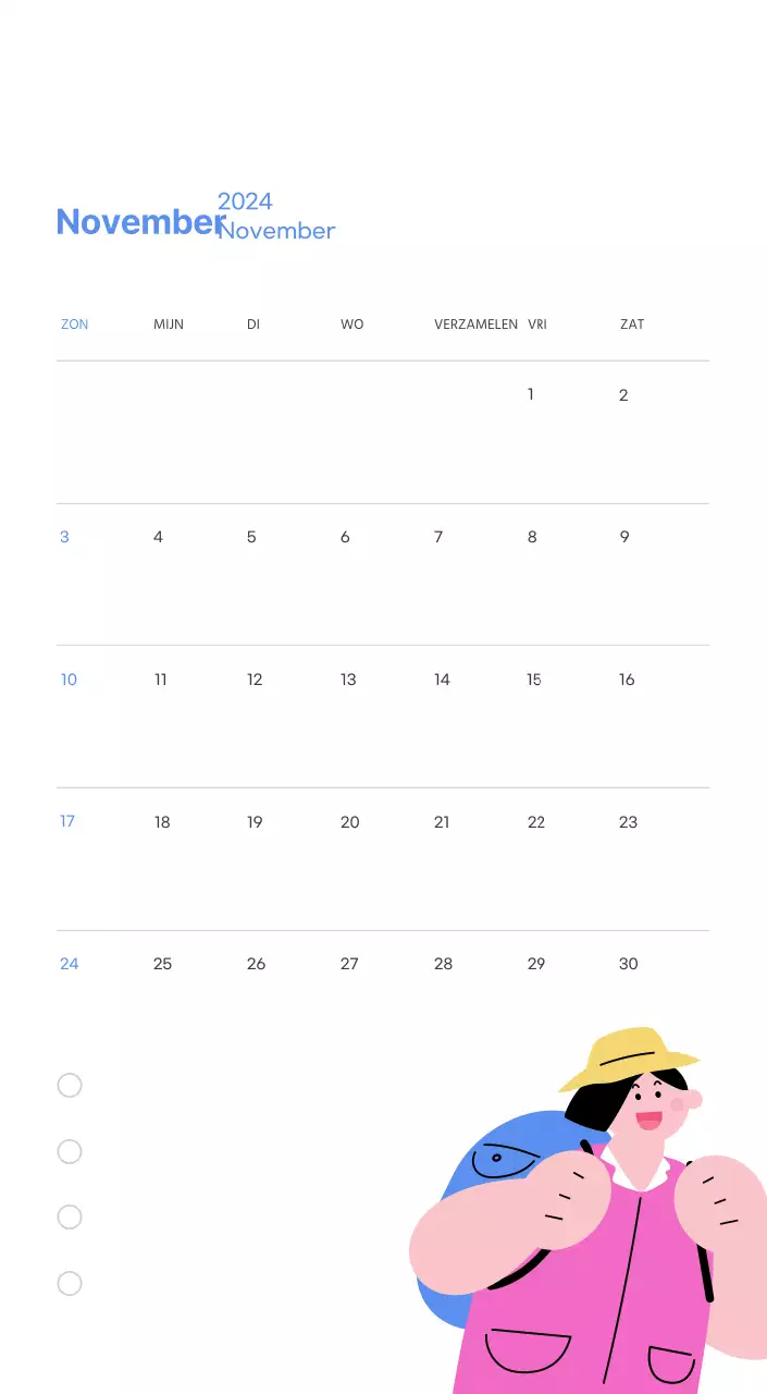 Motiverende kalender met energieke illustraties en positieve citaten op een lichtblauwe achtergrond