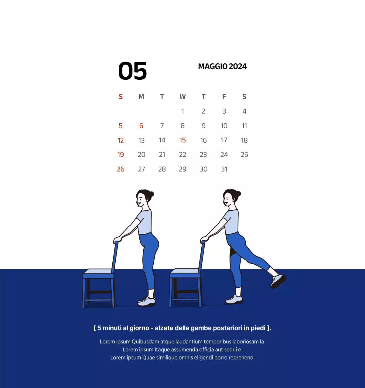 Calendario semplice con illustrazioni pulite in blu
