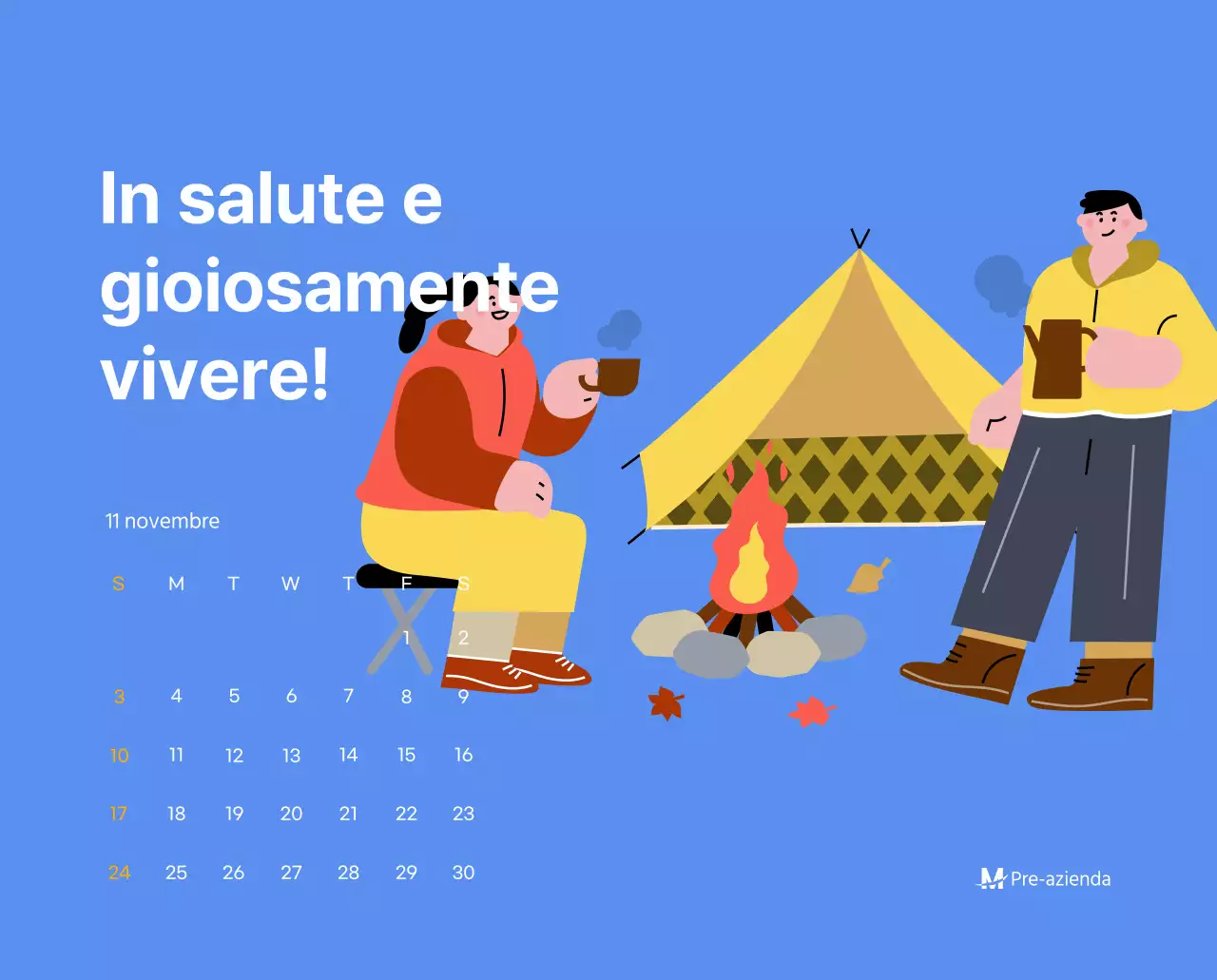 Calendario motivazionale con illustrazioni energetiche e citazioni positive su sfondo azzurro