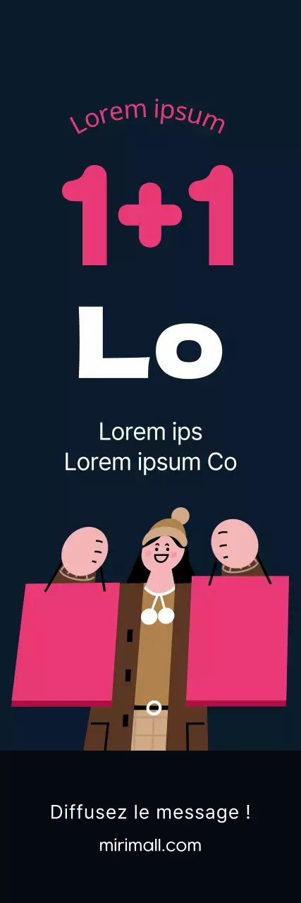 Promotion hivernale mettant l'accent sur l'achat d'un produit gratuit avec une illustration d'une personne portant un sac à provisions avec des points roses sur un fond noir.