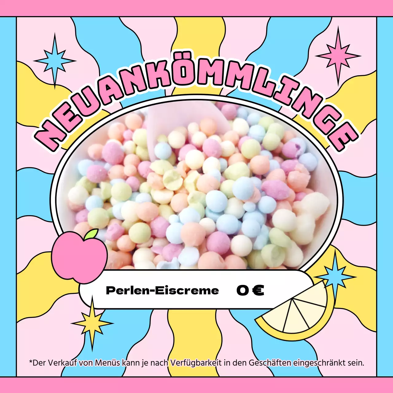 Werbung für eine neue Eiskarte mit kitschigen rosa und hellblauen Geschmacksrichtungen