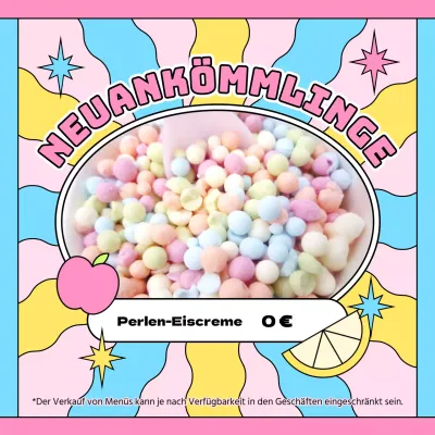 Werbung für eine neue Eiskarte mit kitschigen rosa und hellblauen Geschmacksrichtungen