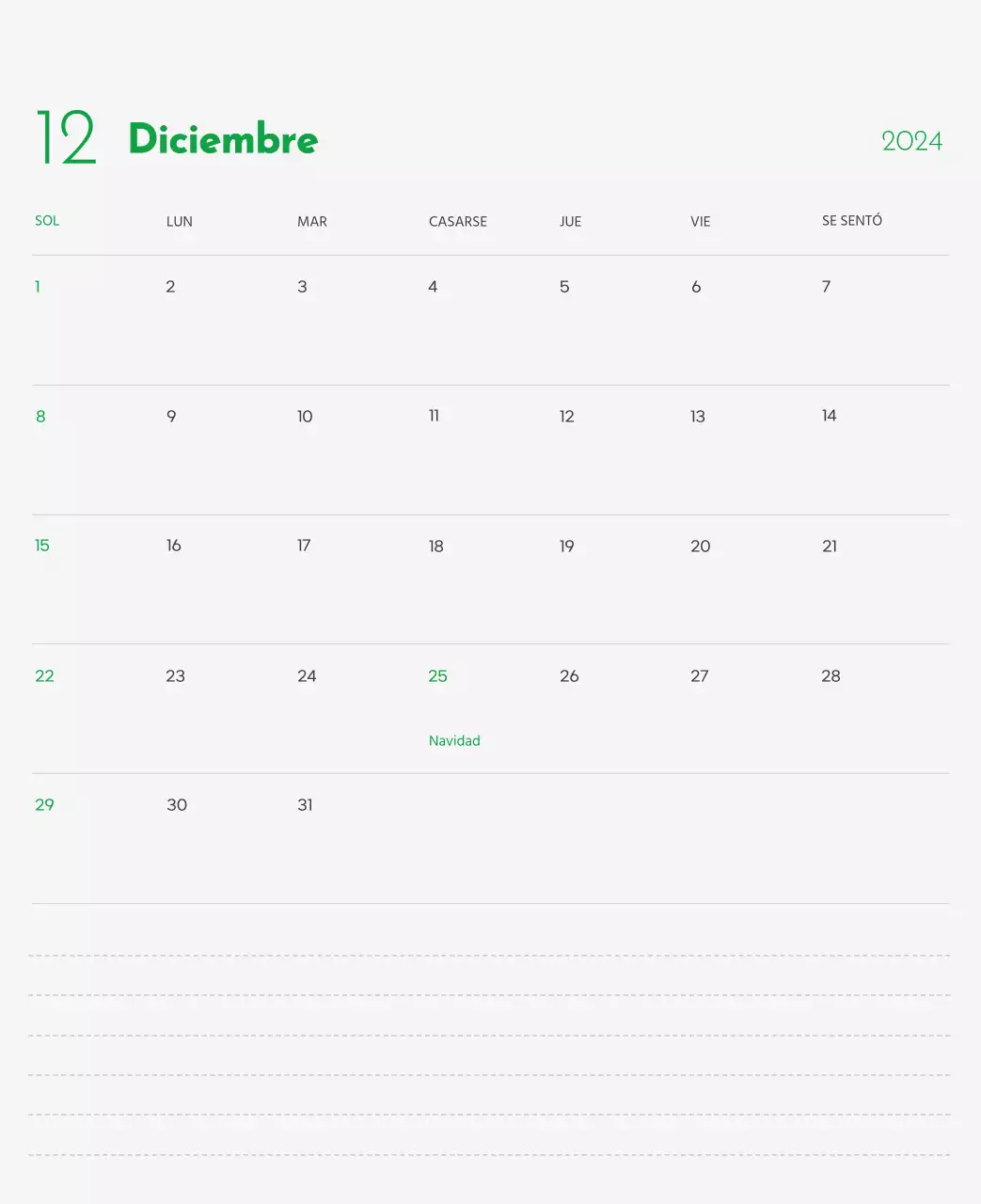 Un calendario con la imagen de un cachorro y un bonito mensaje en tonos verdes.