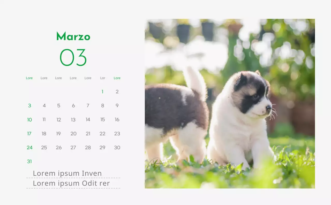 Un calendario con l'immagine di un cucciolo e un simpatico messaggio in verde.