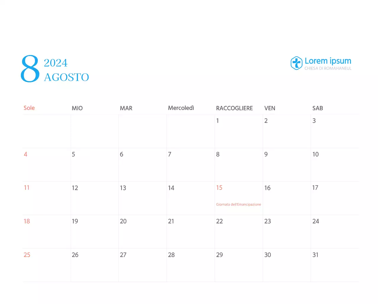 Calendario ecclesiastico blu di concezione moderna