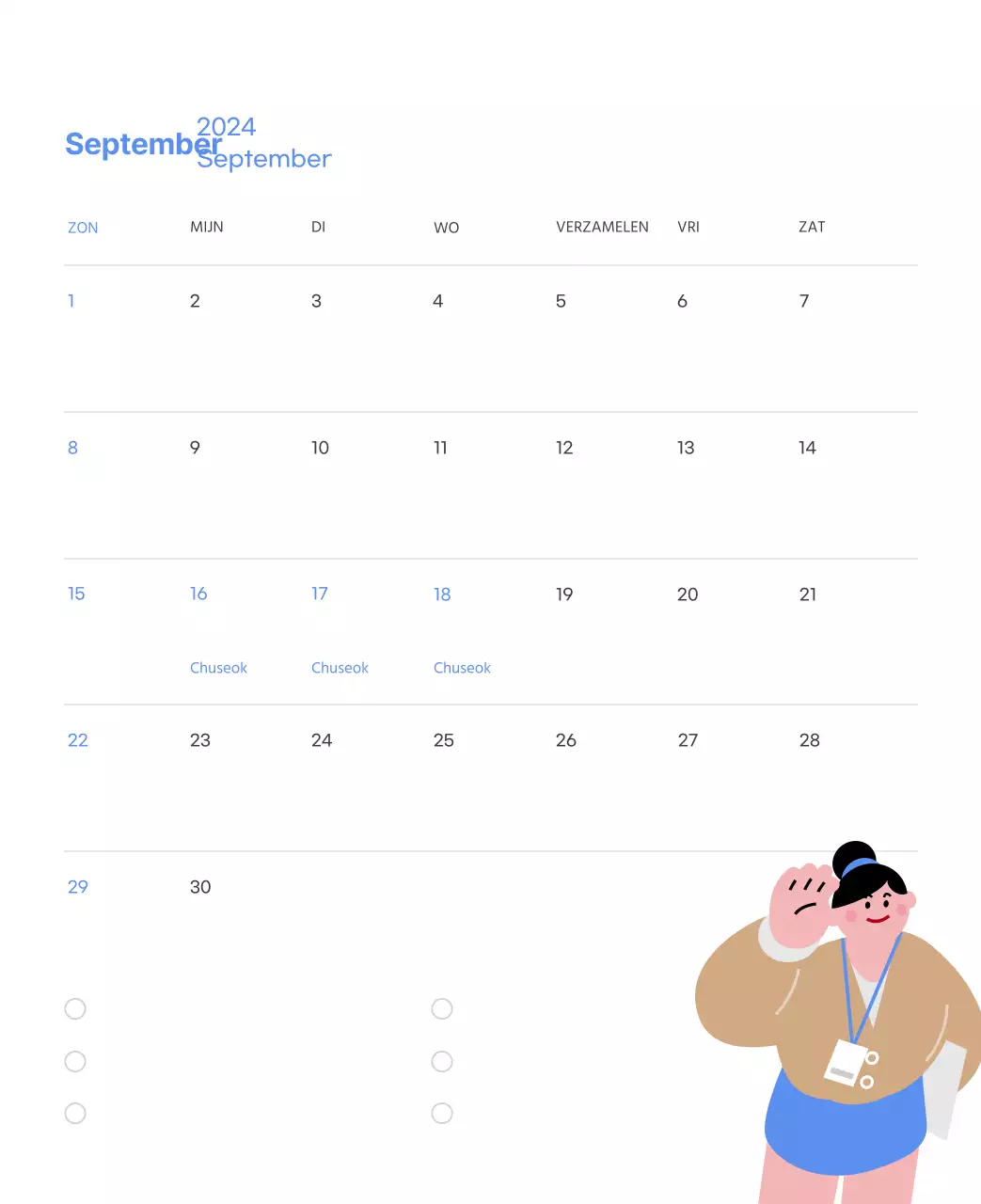 Motiverende kalender met energieke illustraties en positieve citaten op een lichtblauwe achtergrond