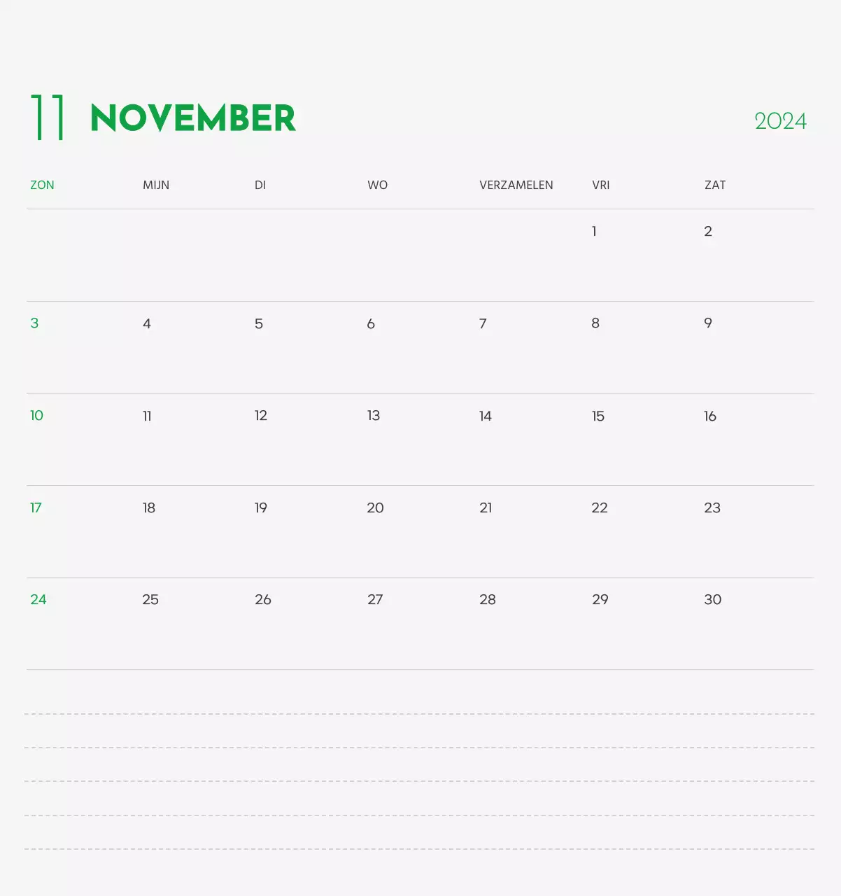 Een kalender met een afbeelding van een puppy en een schattige boodschap in groene accenten