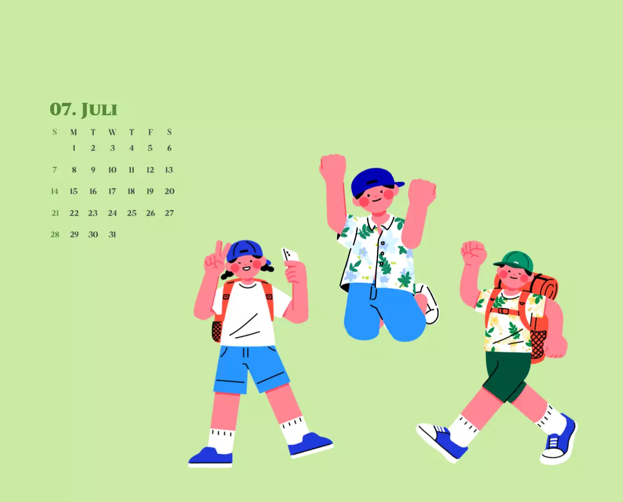 Kalender mit Jugendillustrationen auf gelbem und grünem Hintergrund