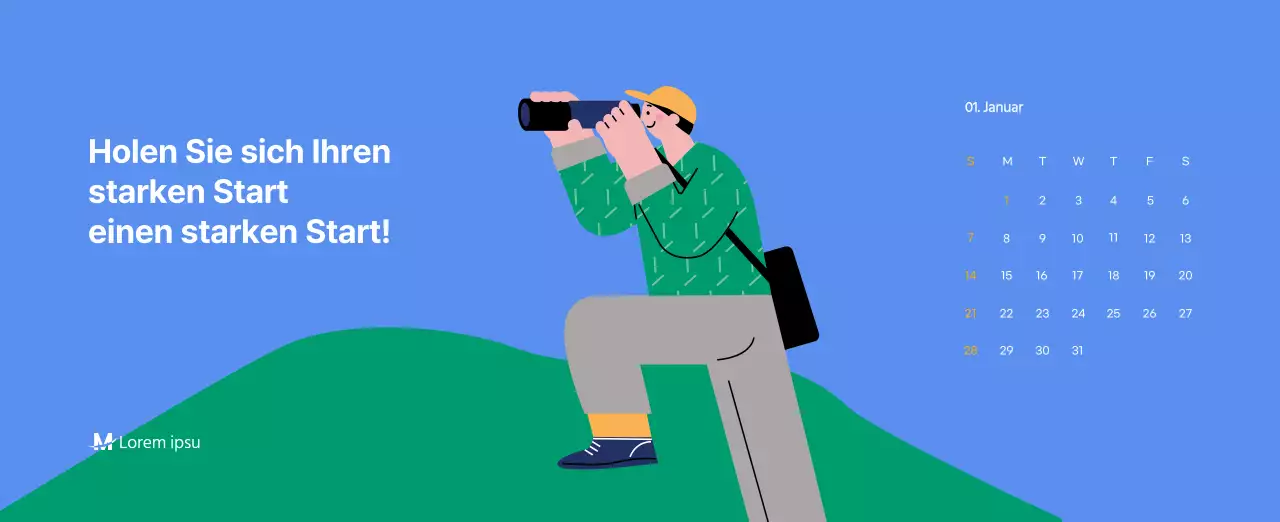 Motivationskalender mit energiegeladenen Illustrationen und positiven Zitaten auf hellblauem Hintergrund