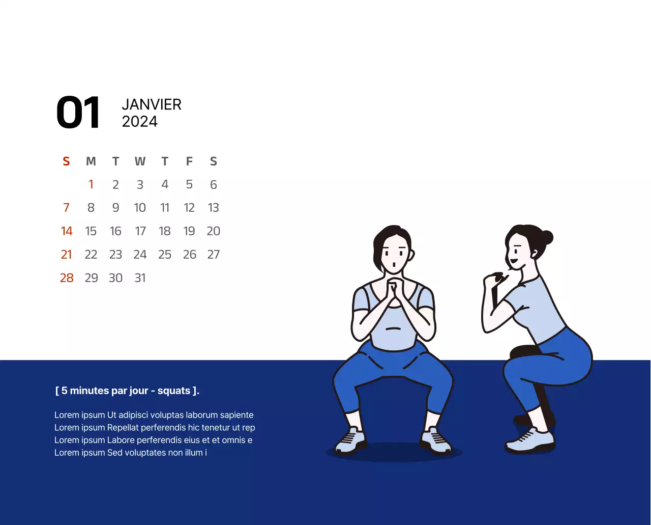 Calendrier simple avec des illustrations épurées en bleu