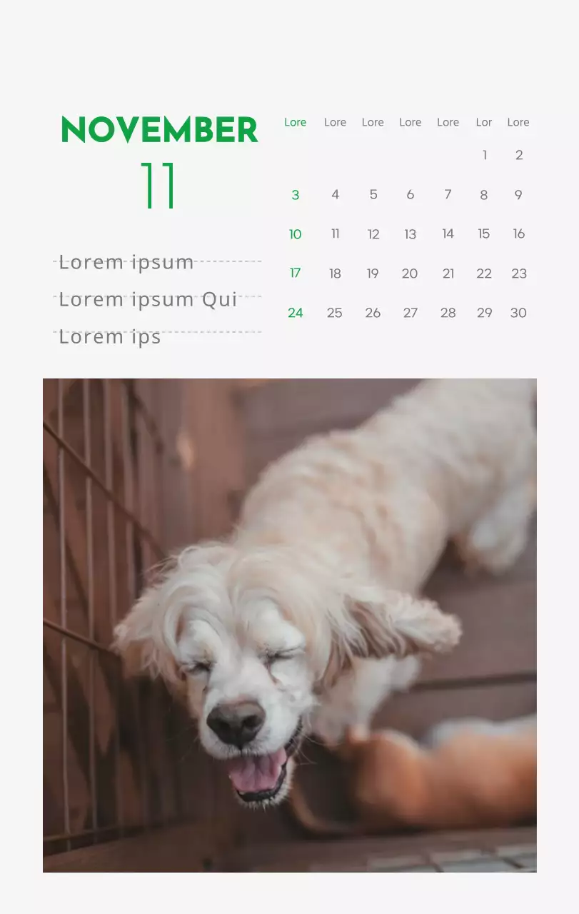 Een kalender met een afbeelding van een puppy en een schattige boodschap in groene accenten